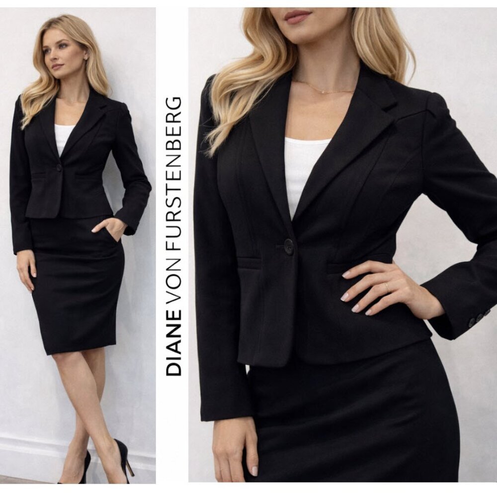 Diane Von Furstenberg Wool Blazer Tailored Black Cropped Jacket Size 2
